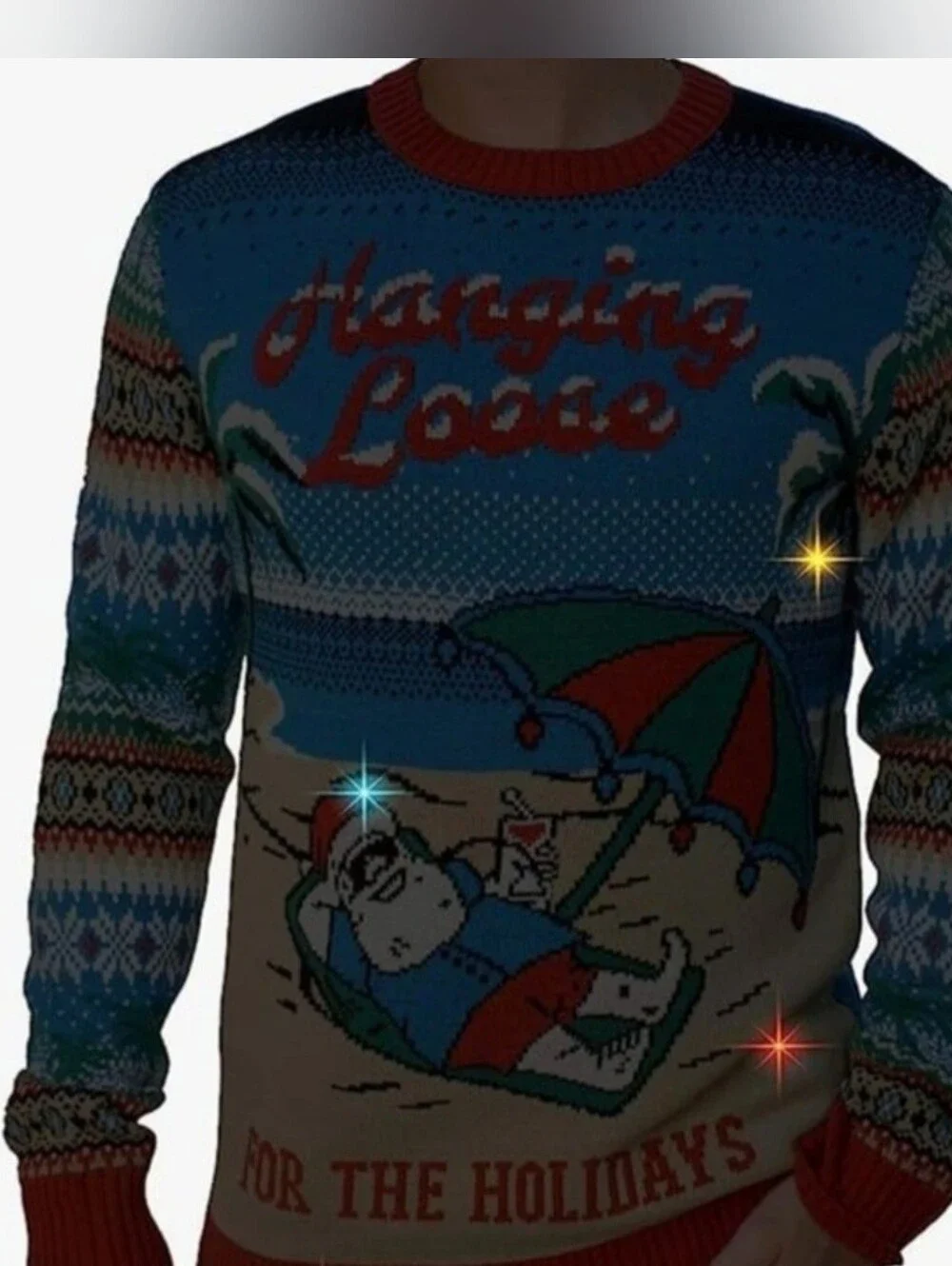 Ugly Christmas Sweater Blue 'Hanging Loose For The Holidays' Lightup Sweater